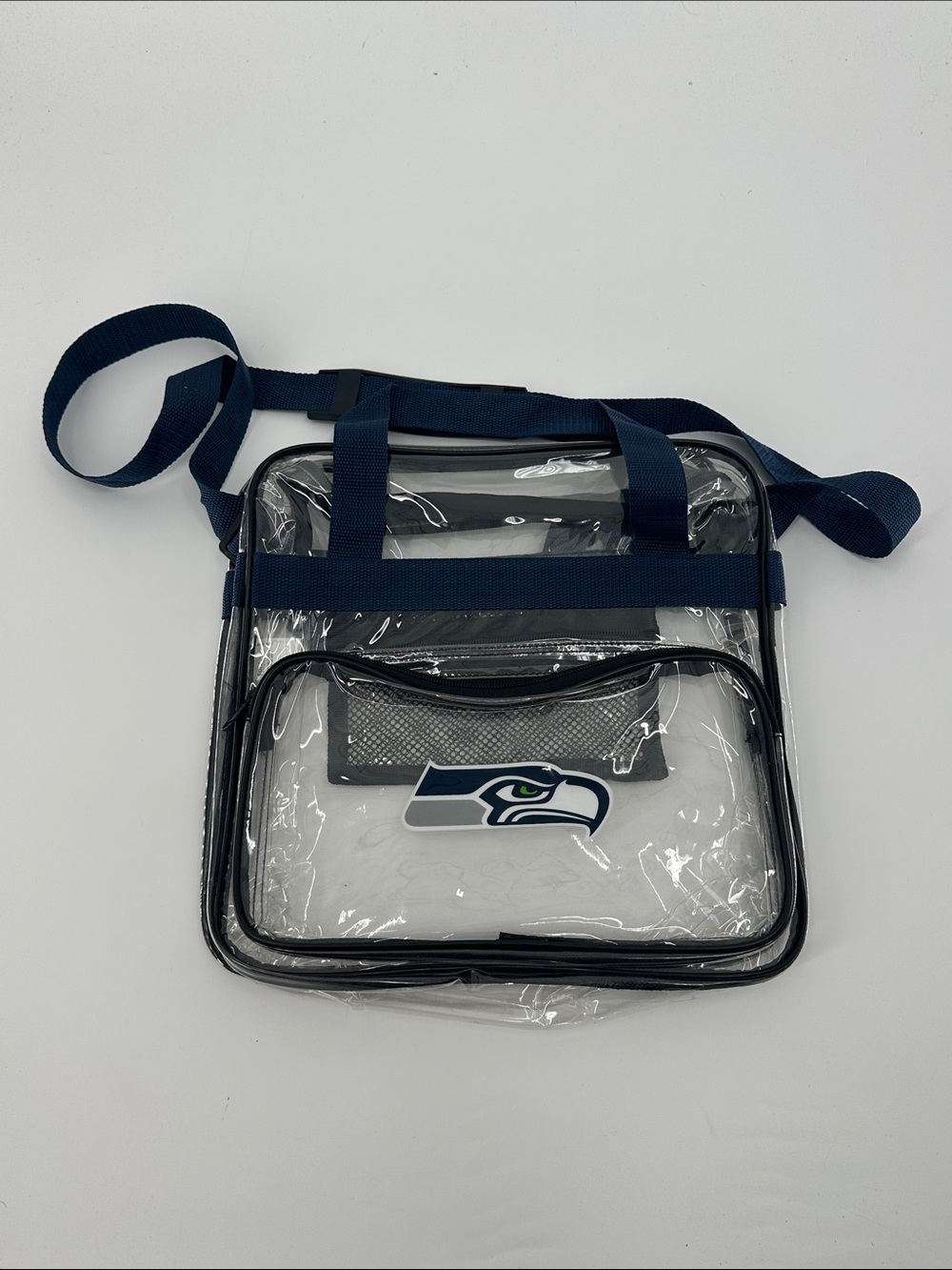 NFL Clear Crossbody Bag with Navy Trim and Seattle Seahawks Logo